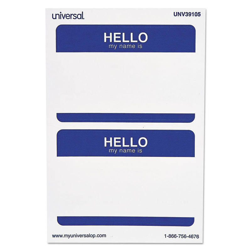 Universal "Hello" Self-Adhesive Name Badges, 3 1/2 x 2 1/4, White/Blue, 100/Pack