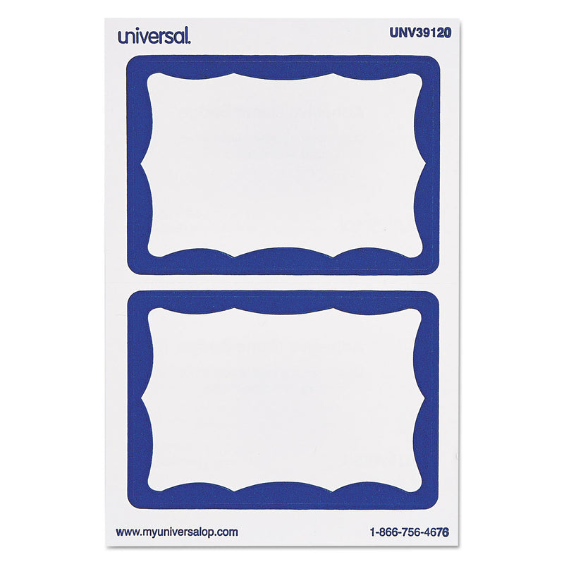 Universal Border-Style Self-Adhesive Name Badges, 3 1/2 x 2 1/4, White/Blue, 100/Pack