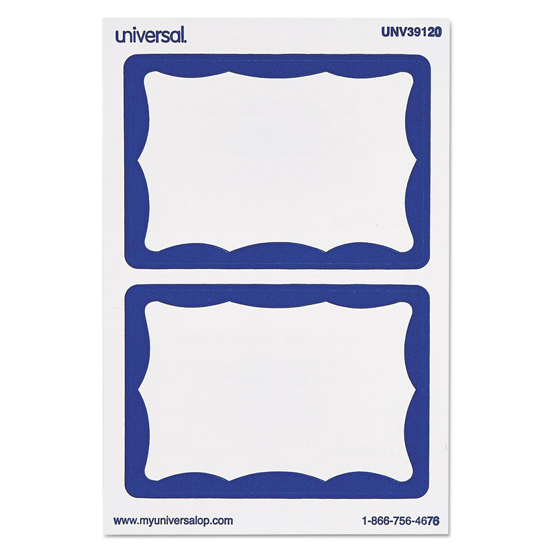 Universal Border-Style Self-Adhesive Name Badges, 3 1/2 x 2 1/4, White/Blue, 100/Pack