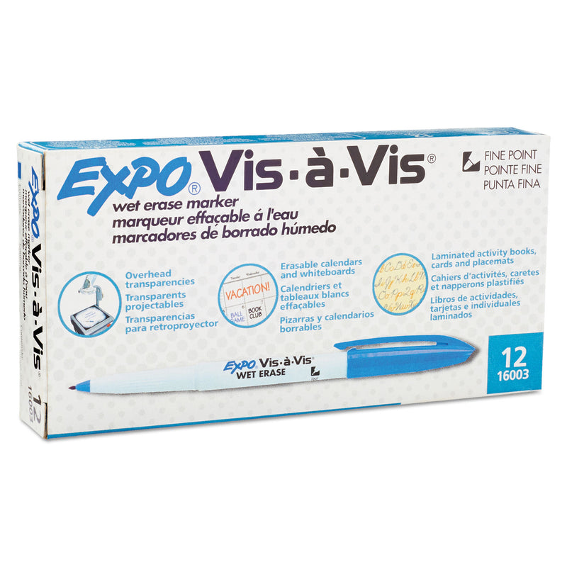 EXPO Vis-a-Vis Wet Erase Marker, Fine Bullet Tip, Blue, Dozen