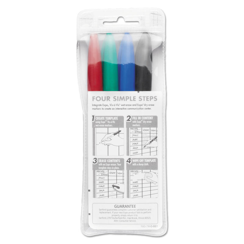 EXPO Vis-a-Vis Wet Erase Marker, Fine Bullet Tip, Assorted Colors, 4/Set
