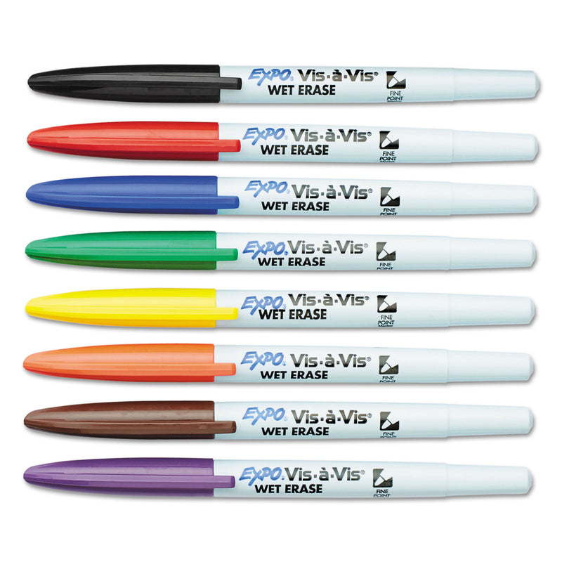 EXPO Vis-a-Vis Wet Erase Marker, Fine Bullet Tip, Assorted Colors, 8/Set
