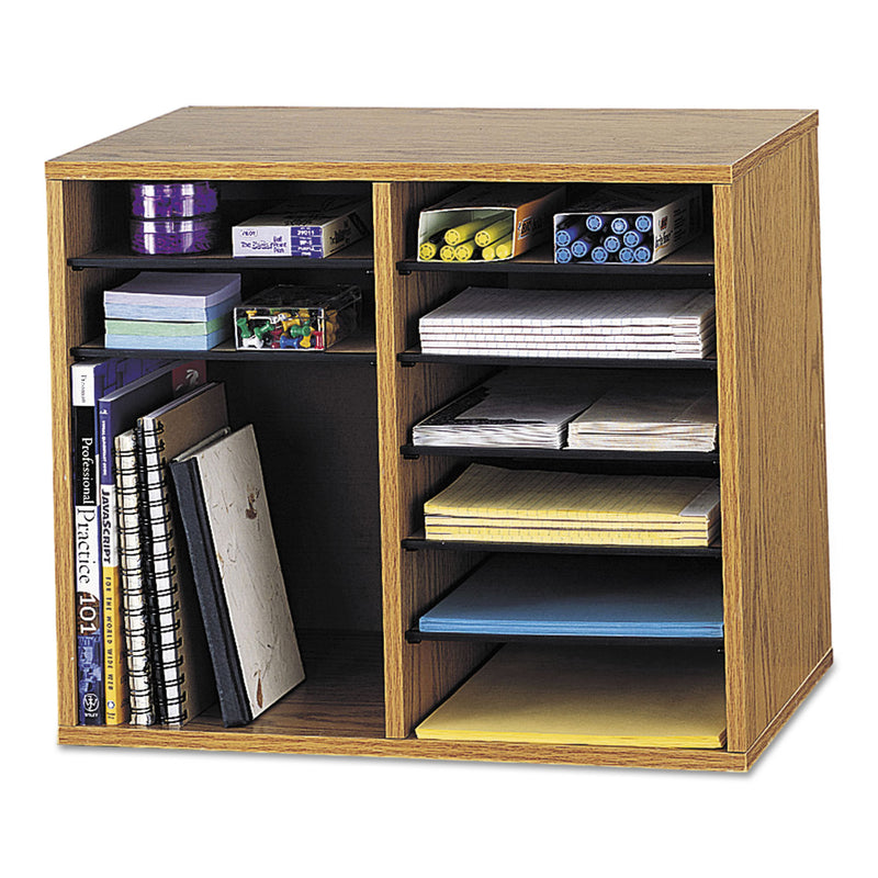 Safco Wood/Fiberboard Literature Sorter, 12 Compartments, 19.63 x 11.88 x 16.13, Oak