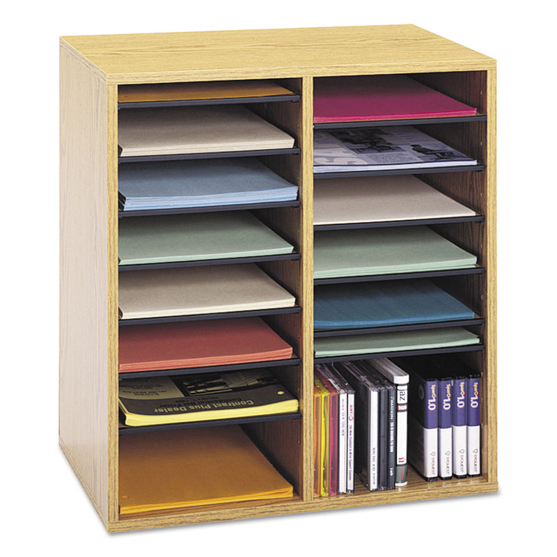 Safco Wood/Laminate Literature/CD Sorter, 16 Compartments, 19.5 x 11.75 x 21, Medium Oak