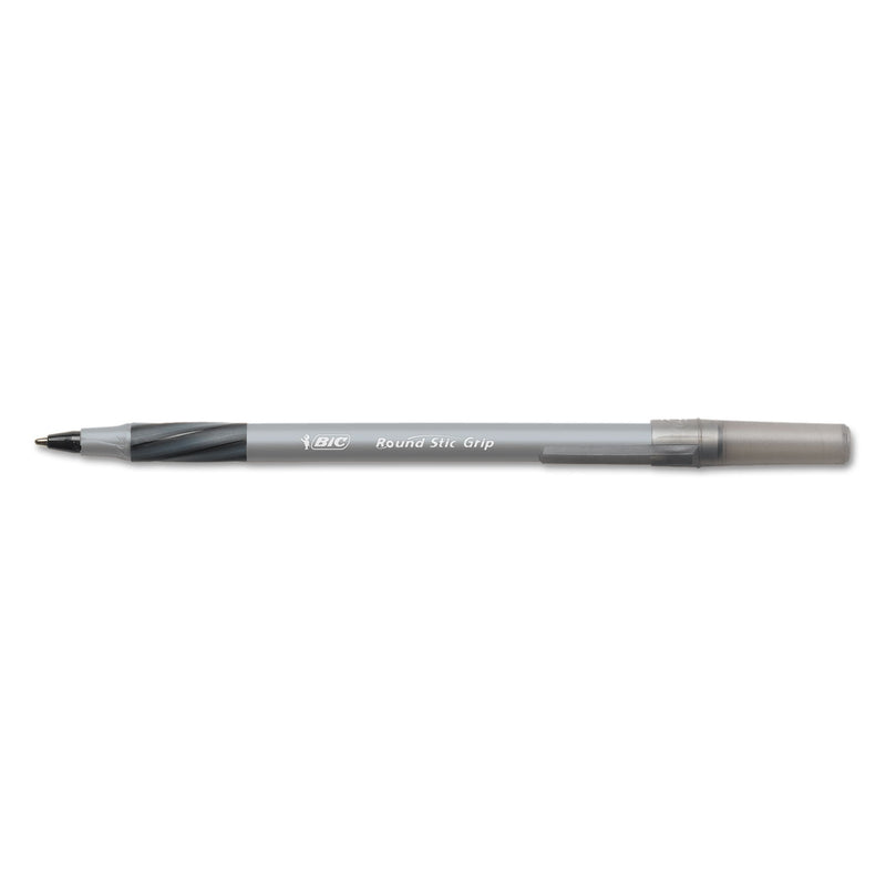 BIC Round Stic Grip Xtra Comfort Ballpoint Pen, Stick, Fine 0.8 mm, Black Ink, Gray/Black Barrel, Dozen