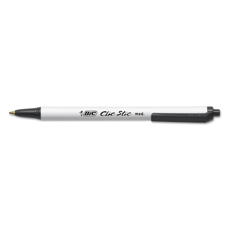 BIC Clic Stic Ballpoint Pen, Retractable, Medium 1 mm, Black Ink, White Barrel, Dozen