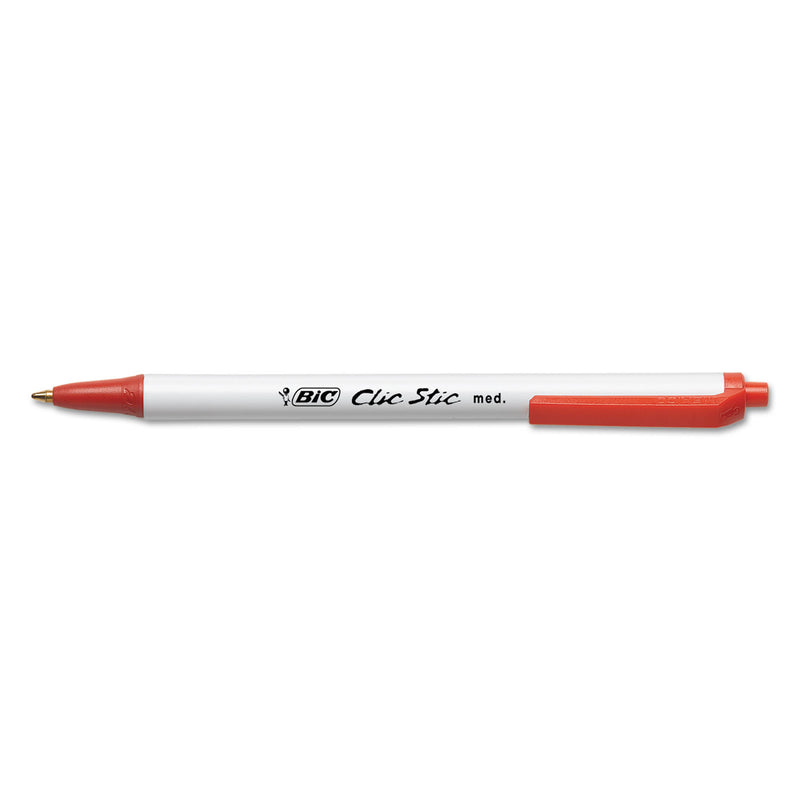 BIC Clic Stic Ballpoint Pen, Retractable, Medium 1 mm, Red Ink, White Barrel, Dozen