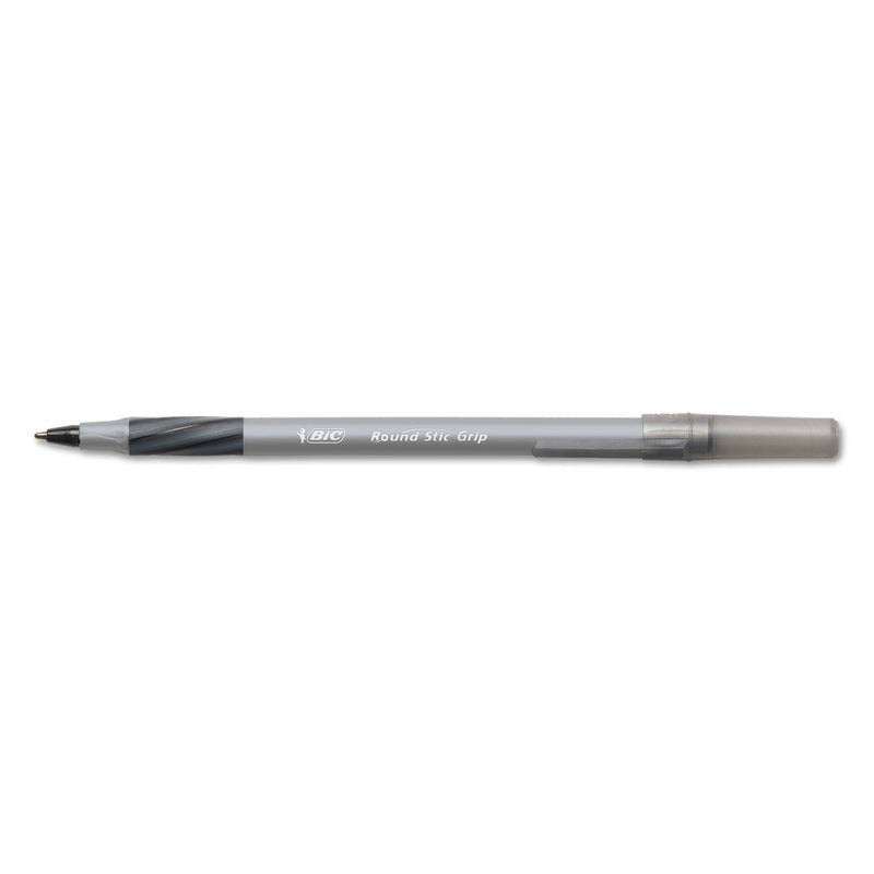 BIC Round Stic Grip Xtra Comfort Ballpoint Pen, Easy-Glide, Stick, Medium 1.2 mm, Black Ink, Gray/Black Barrel, Dozen
