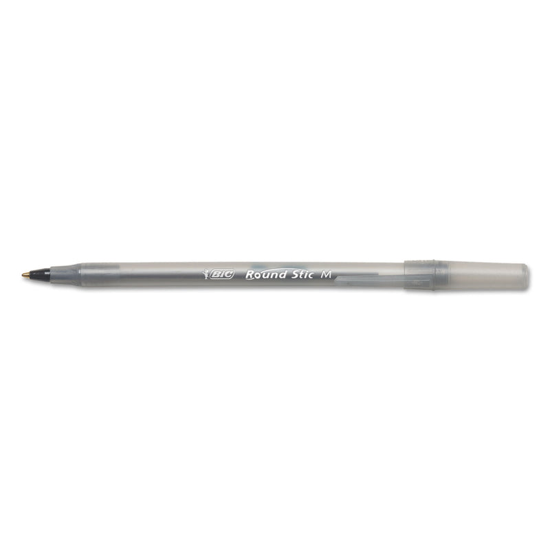 BIC Round Stic Xtra Life Ballpoint Pen, Stick, Medium 1 mm, Black Ink, Smoke Barrel, Dozen