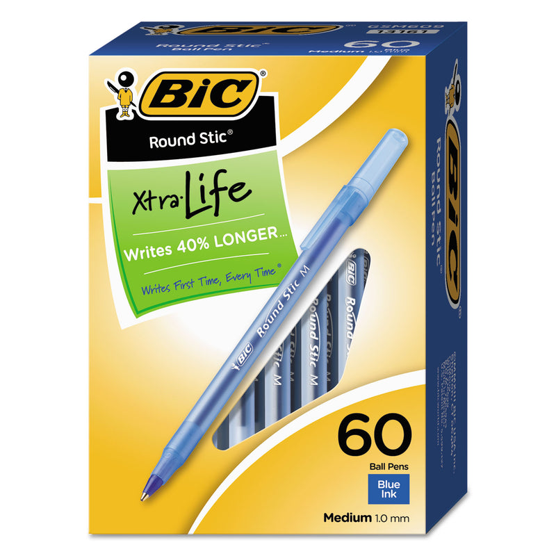 BIC Round Stic Xtra Life Ballpoint Pen Value Pack, Stick, Medium 1 mm, Blue Ink, Translucent Blue Barrel, 60/Box