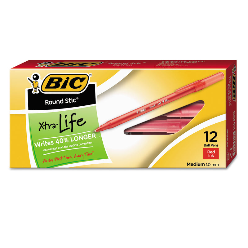 BIC Round Stic Xtra Life Ballpoint Pen, Stick, Medium 1 mm, Red Ink, Translucent Red Barrel, Dozen