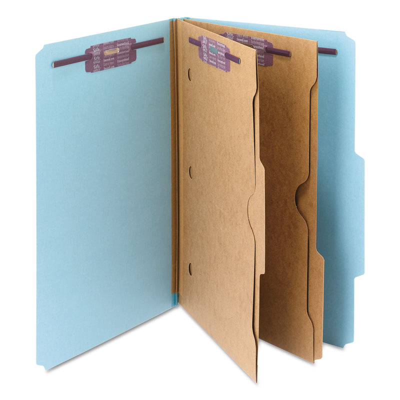 Smead 6-Section Pressboard Top Tab Pocket-Style Classification Folders with SafeSHIELD Fasteners, 2 Dividers, Legal, Blue, 10/BX