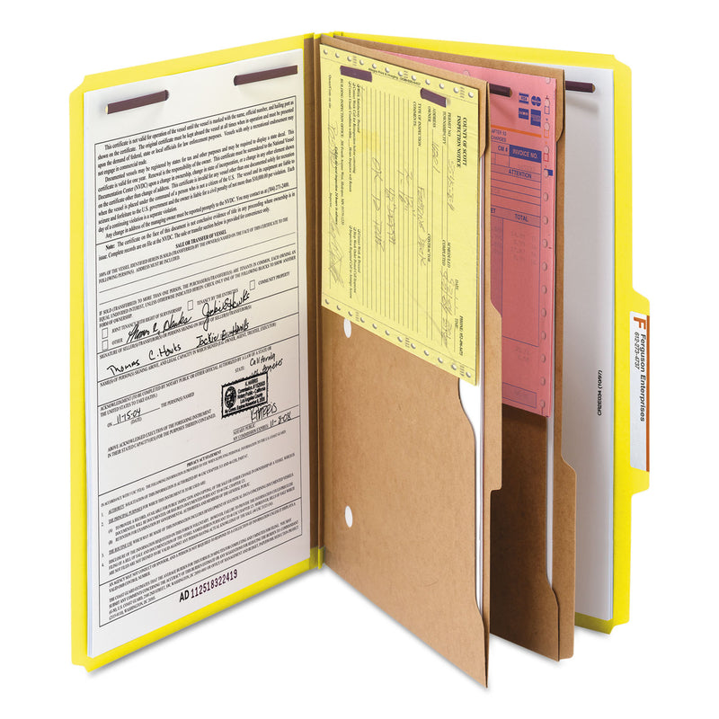 Smead 6-Section Pressboard Top Tab Pocket-Style Classification Folders with SafeSHIELD Fasteners, 2 Dividers, Legal, Yellow, 10/Box