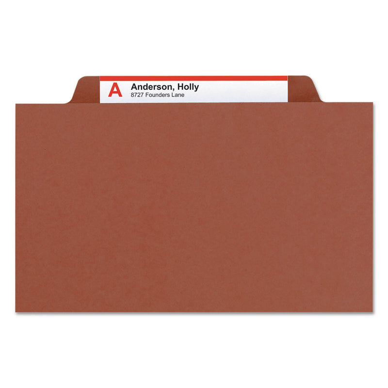 Smead Pressboard Classification Folders with SafeSHIELD Coated Fasteners, 2/5 Cut, 1 Divider, Legal Size, Red, 10/Box