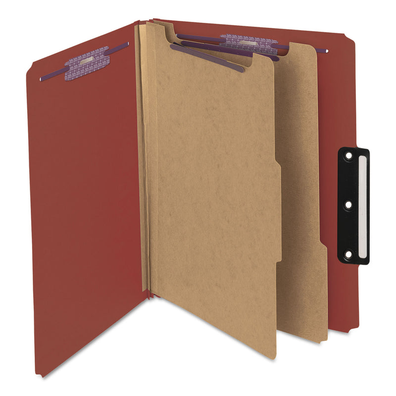 Smead Pressboard Classification Folders with SafeSHIELD Coated Fasteners, 1/3-Cut, 2 Dividers, Letter Size, Red, 10/Box
