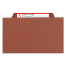 Smead Pressboard Classification Folders with SafeSHIELD Coated Fasteners, 2/5 Cut, 2 Dividers, Legal Size, Red, 10/Box