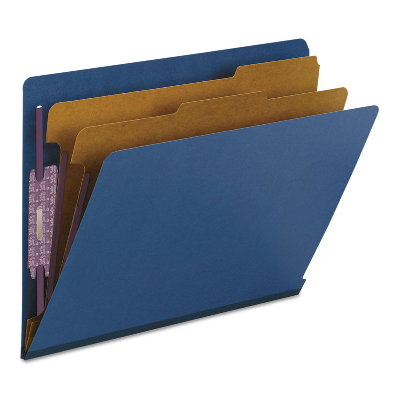 Smead End Tab Pressboard Classification Folders with SafeSHIELD Fasteners, 2 Dividers, Letter Size, Dark Blue, 10/Box