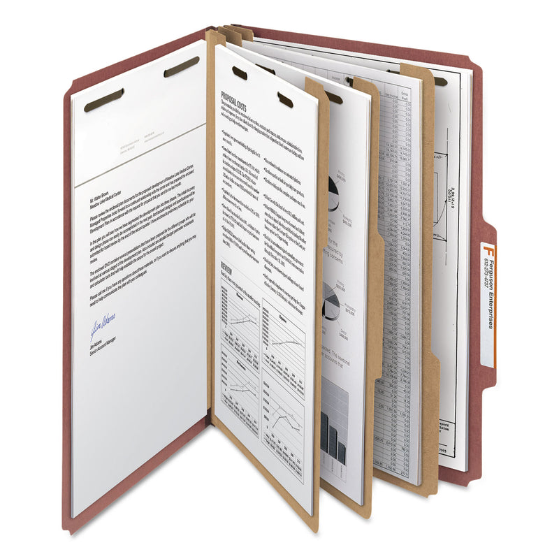 Smead 100% Recycled Pressboard Classification Folders, 3 Dividers, Legal Size, Red, 10/Box