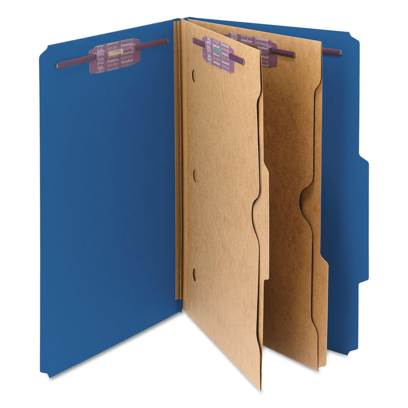 Smead 6-Section Pressboard Top Tab Pocket-Style Classification Folder, SafeSHIELD Fasteners, 2 Dividers, Legal, Dark Blue, 10/Box