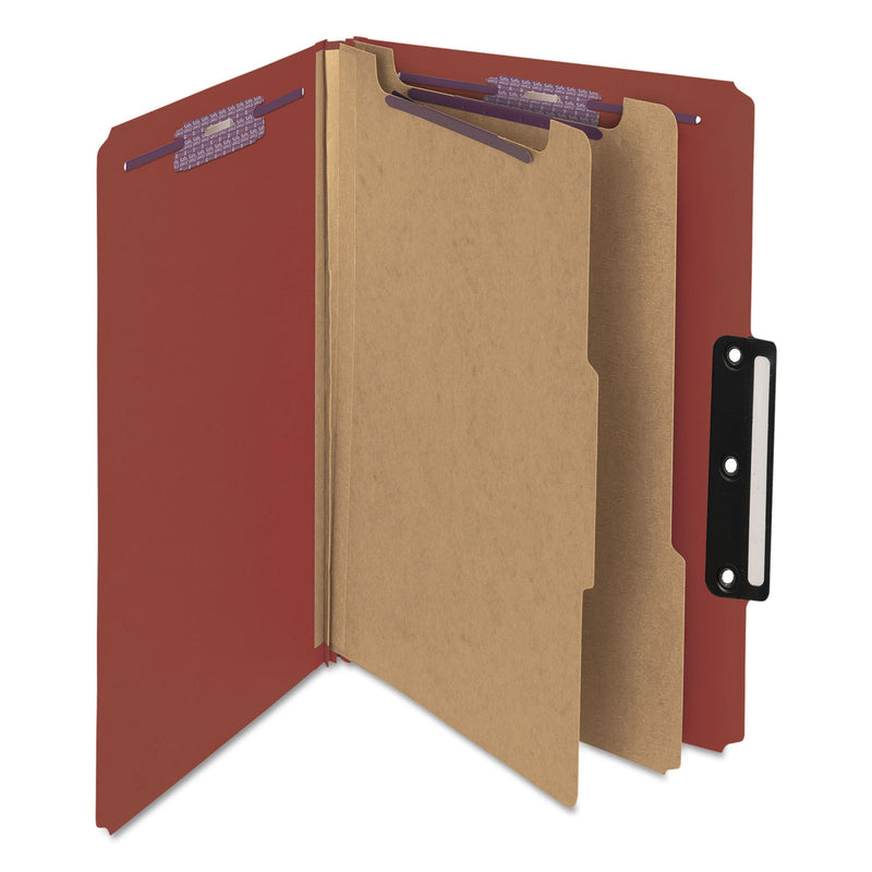 Smead Pressboard Classification Folders with SafeSHIELD Coated Fasteners, 1/3-Cut Metal Tab, 2 Dividers, Legal Size, Red, 10/Box