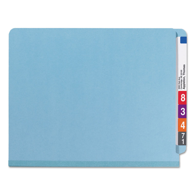 Smead End Tab Colored Pressboard Classification Folders with SafeSHIELD Coated Fasteners, 2 Dividers, Letter Size, Blue, 10/Box