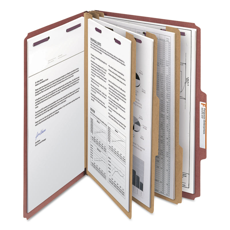 Smead Pressboard Classification Folders with SafeSHIELD Coated Fasteners, 2/5 Cut, 3 Dividers, Legal Size, Red, 10/Box