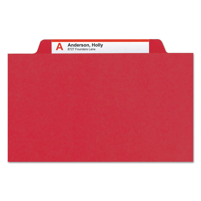 Smead Four-Section Pressboard Top Tab Classification Folders with SafeSHIELD Fasteners, 1 Divider, Legal Size, Bright Red, 10/Box