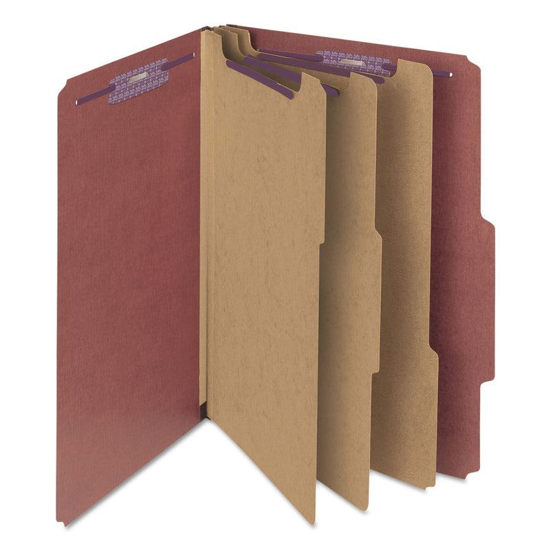 Smead Pressboard Classification Folders with SafeSHIELD Coated Fasteners, 2/5 Cut, 3 Dividers, Legal Size, Red, 10/Box