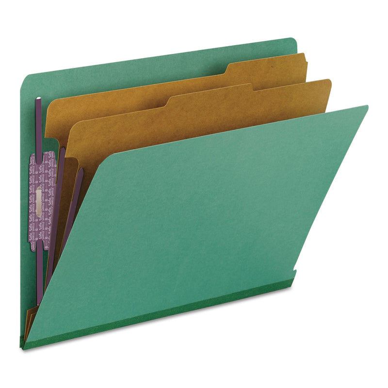 Smead End Tab Colored Pressboard Classification Folders with SafeSHIELD Coated Fasteners, 2 Dividers, Letter Size, Green, 10/Box