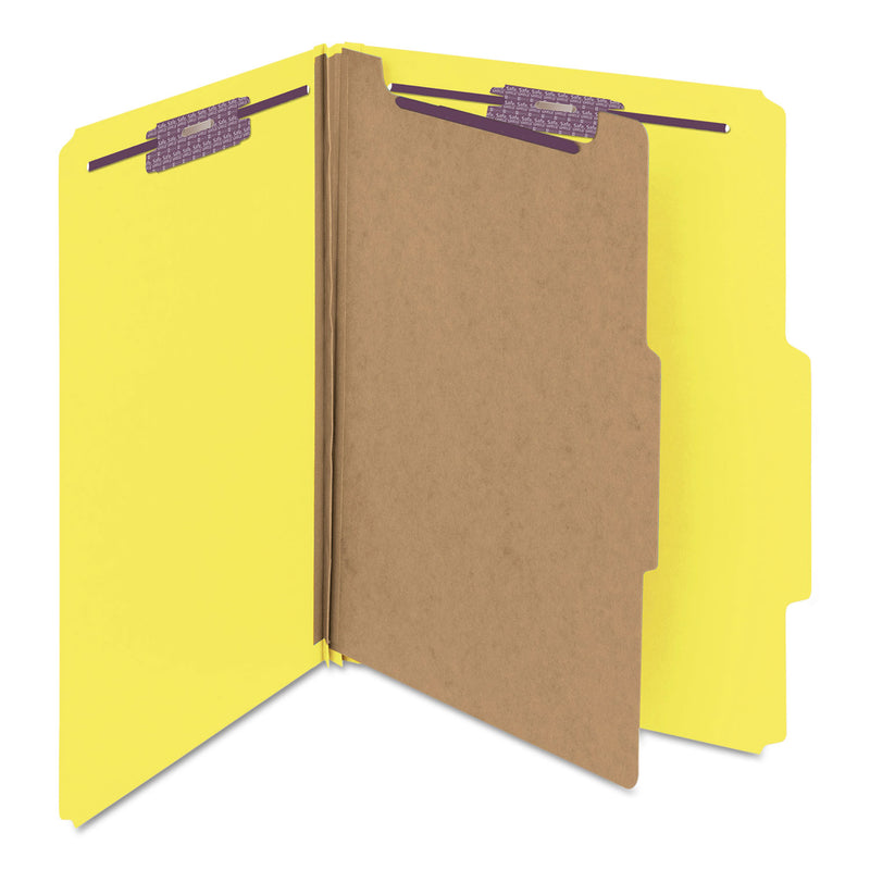 Smead Four-Section Pressboard Top Tab Classification Folders with SafeSHIELD Fasteners, 1 Divider, Letter Size, Yellow, 10/Box