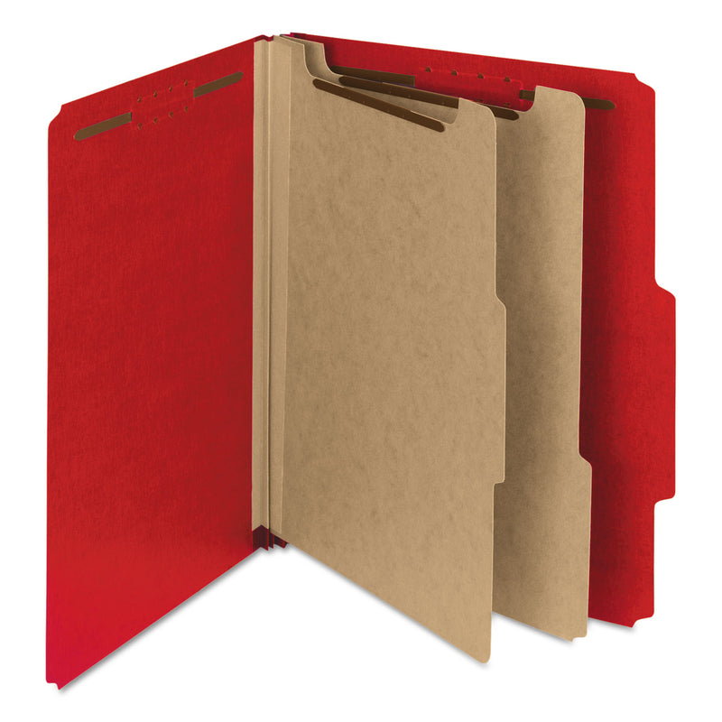Smead 100% Recycled Pressboard Classification Folders, 2 Dividers, Letter Size, Bright Red, 10/Box