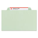 Smead Pressboard Classification Folders with SafeSHIELD Coated Fasteners, 2/5 Cut, 2 Dividers, Legal Size, Gray-Green, 10/Box