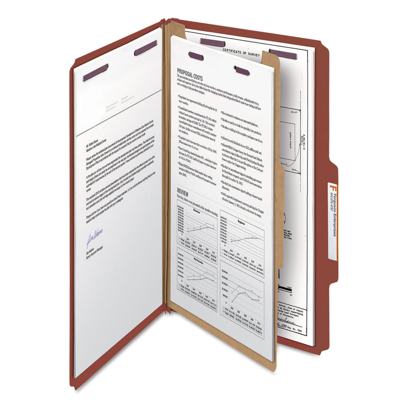 Smead Pressboard Classification Folders with SafeSHIELD Coated Fasteners, 2/5 Cut, 1 Divider, Legal Size, Red, 10/Box