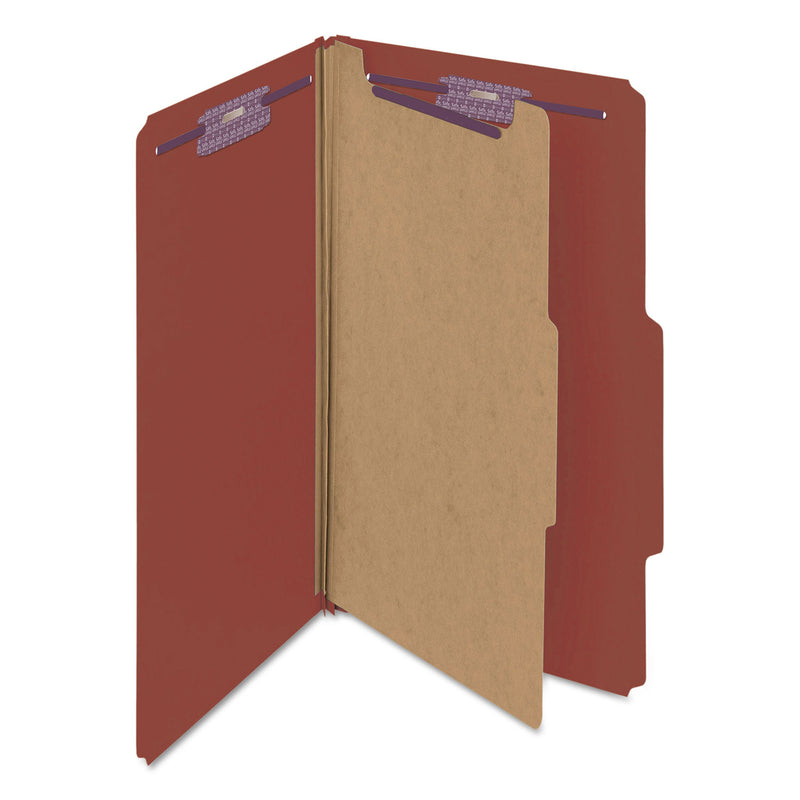 Smead Pressboard Classification Folders with SafeSHIELD Coated Fasteners, 2/5 Cut, 1 Divider, Legal Size, Red, 10/Box