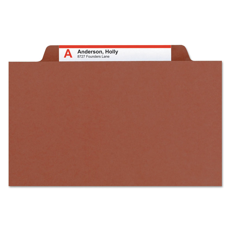 Smead Pressboard Classification Folders with SafeSHIELD Coated Fasteners, 2/5 Cut, 3 Dividers, Legal Size, Red, 10/Box
