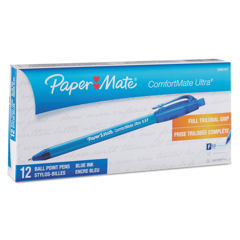 Paper Mate ComfortMate Ultra Ballpoint Pen, Retractable, Fine 0.8 mm, Blue Ink, Blue Barrel, Dozen