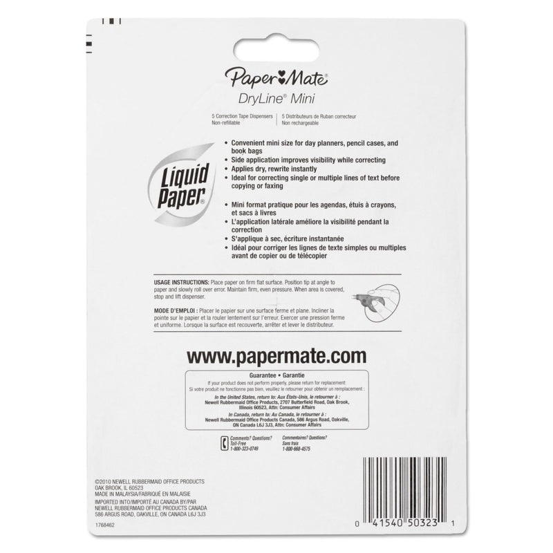 Paper Mate DryLine Mini Correction Tape, 0.2" x 197", Non-Refillable, Assorted Color Applicators, 5/Pack