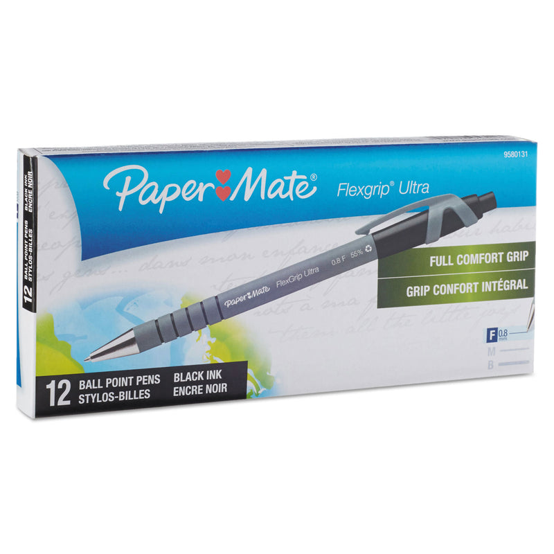 Paper Mate FlexGrip Ultra Ballpoint Pen, Retractable, Fine 0.8 mm, Black Ink, Gray/Black Barrel, Dozen