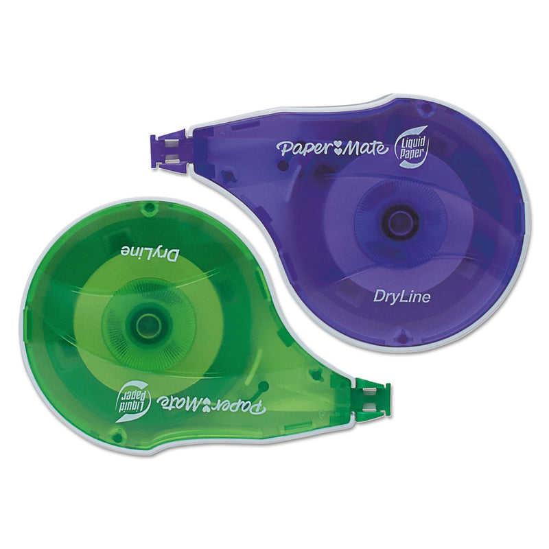Paper Mate DryLine Correction Tape, Non-Refillable, Green/Purple Applicators, 0.17" x 472", 10/Pack