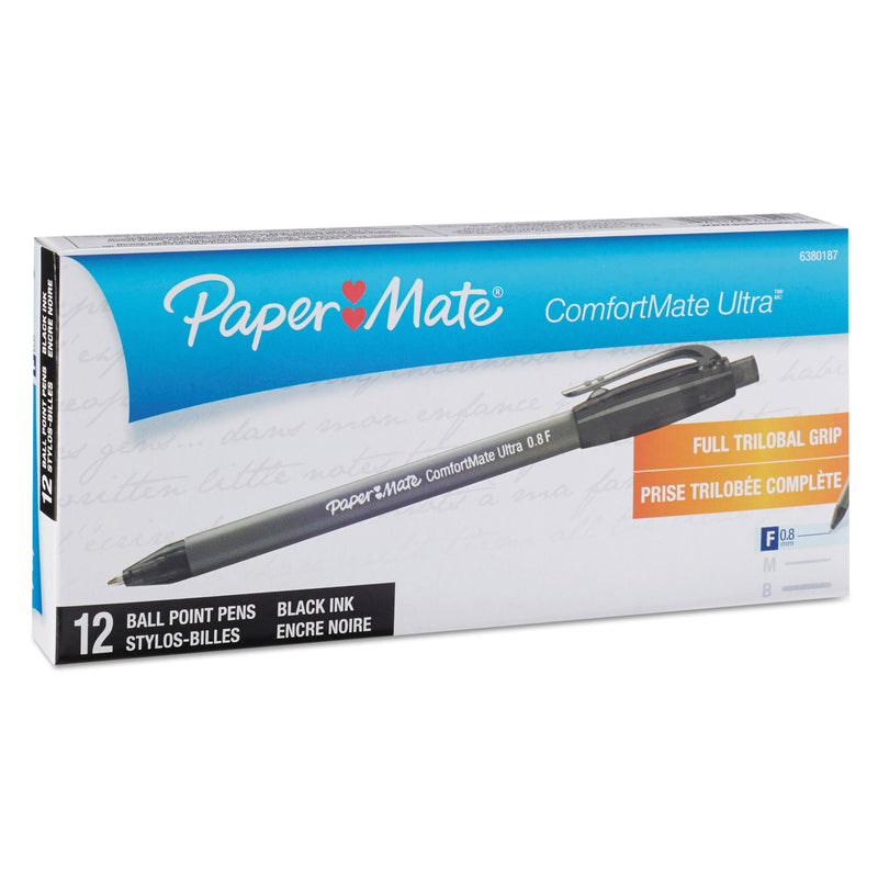 Paper Mate ComfortMate Ultra Ballpoint Pen, Retractable, Fine 0.8 mm, Black Ink, Black Barrel, Dozen