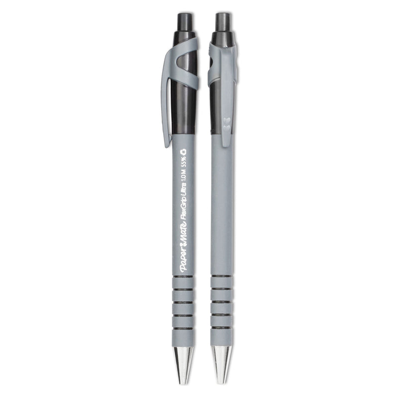 Paper Mate FlexGrip Ultra Ballpoint Pen, Retractable, Medium 1 mm, Black Ink, Black/Gray Barrel, Dozen