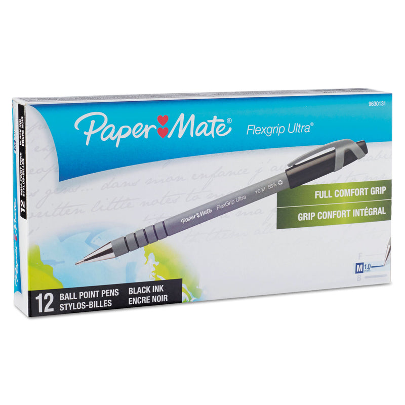 Paper Mate FlexGrip Ultra Ballpoint Pen, Stick, Medium 1 mm, Black Ink, Gray Barrel, Dozen