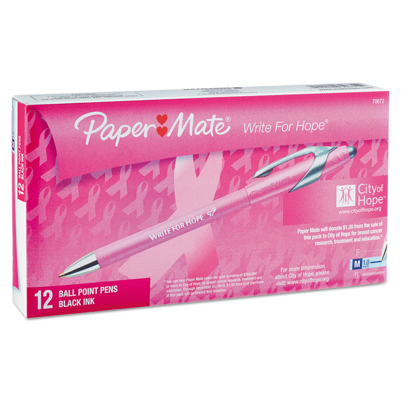 Paper Mate “Write for Hope” Edition FlexGrip Elite Ballpoint Pen, Retractable, Medium 1 mm, Black Ink, Pink Barrel, Dozen