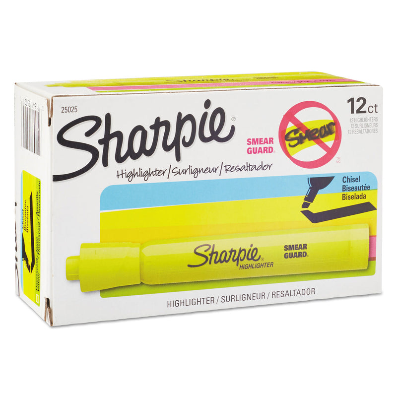 Sharpie Tank Style Highlighters, Fluorescent Yellow Ink, Chisel Tip, Yellow Barrel, Dozen