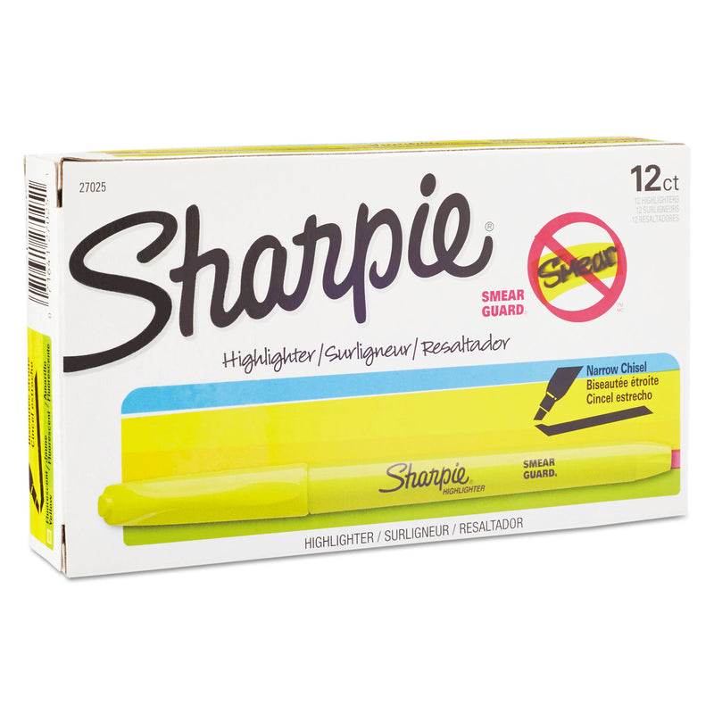 Sharpie Pocket Style Highlighters, Fluorescent Yellow Ink, Chisel Tip, Yellow Barrel, Dozen