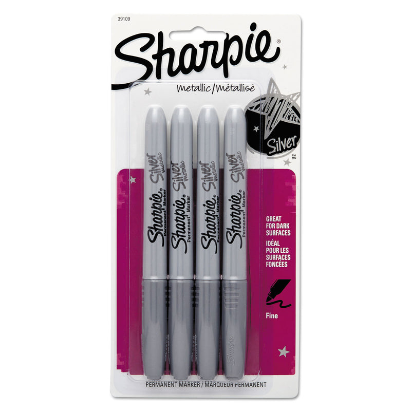 Sharpie Metallic Fine Point Permanent Markers, Fine Bullet Tip, Metallic Silver, 4/Pack