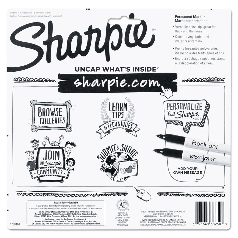 Sharpie Chisel Tip Permanent Marker, Medium Chisel Tip, Assorted Colors, 8/Set