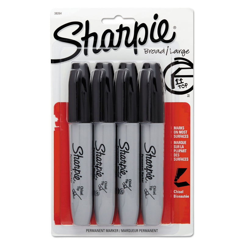 Sharpie Chisel Tip Permanent Marker, Medium Chisel Tip, Black, 4/Pack