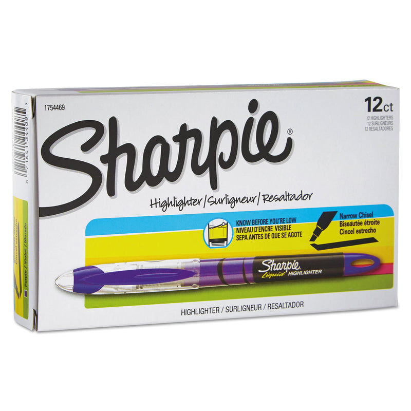 Sharpie Liquid Pen Style Highlighters, Fluorescent Purple Ink, Chisel Tip, Purple/Black/Clear Barrel, Dozen