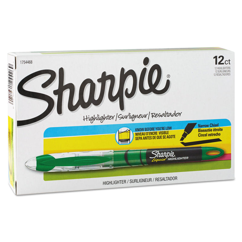 Sharpie Liquid Pen Style Highlighters, Fluorescent Green Ink, Chisel Tip, Green/Black/Clear Barrel, Dozen